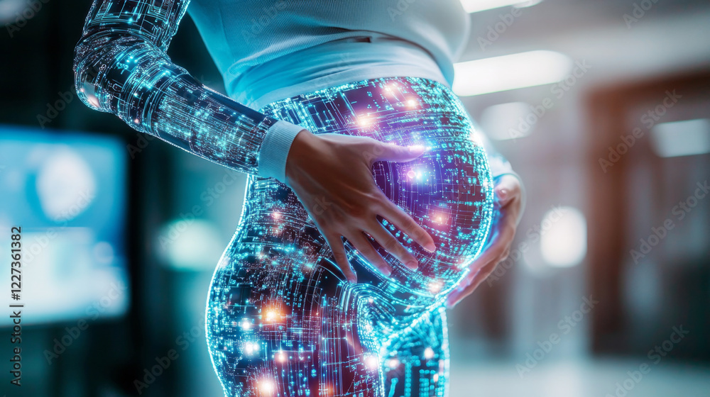 Leinwandbilder a pregnant individual interacts with a holographic display that illustrates the development of an em