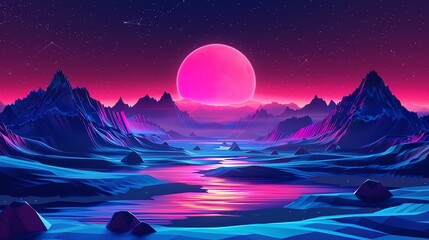 A retrofuturistic landscape with a glowing pink sun in the sky and a river winding through a mountain range, creating a surreal and dreamy scene.
