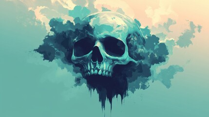 A Teal Skull Emerging From Abstract Clouds