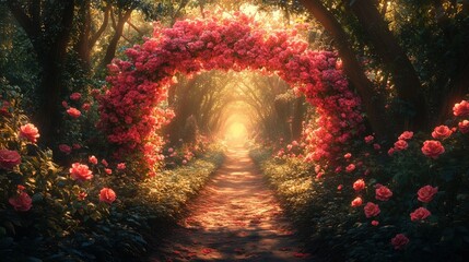 Obraz premium Enchanting Pathway Through A Floral Archway Adorned With Beautiful Roses Illuminated By Sunlight In A Serene Garden