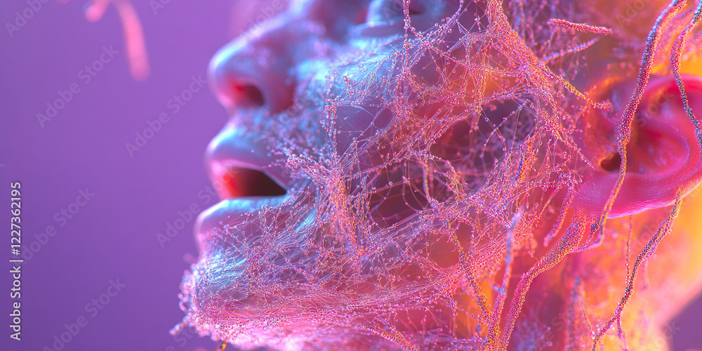 Poster three-dimensional render of face partially covered by network structure