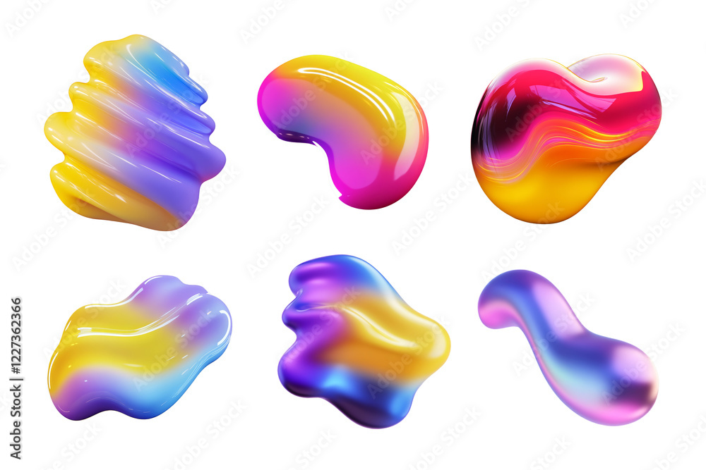 Fototapete Bold colorful liquid blob 3D shapes set isolated. Vibrant gradient silicone fluid 3D element, abstract melted object. Ai generated