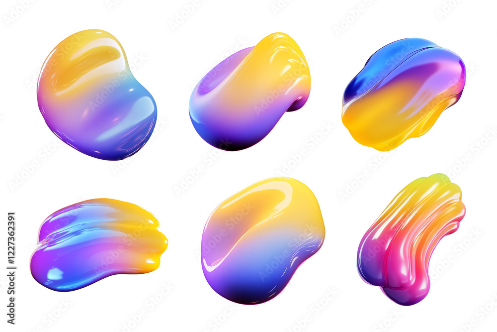 Sticker bold colorful liquid blob 3d shapes set isolated. vibrant gradient silicone fluid 3d element, abstra