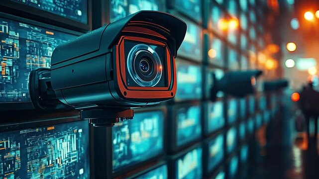 Security Surveillance: A close-up of a security camera with a red lens mounted on a wall, surrounded by a row of computer monitors displaying digital data. The scene evokes feelings of protection.