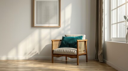 Naklejka premium Cozy interior with a wooden chair and cushions, sunlight streaming through a window