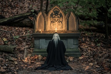 Naklejka premium Mystical figure kneeling before an ancient altar in the forest.