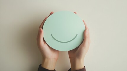 Lifestyle photograph featuring mint colored paper disc with curved smile design, gentle grasp of fingertips, light cream wall backdrop, dark casual attire, emotional wellbeing visual narrative, clean
