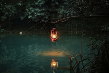 Lantern glowing over a tranquil, moonlit pond.