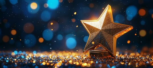 Star trophy award for music nomination winner with bokeh light sparkle background. Generative AI technology. 