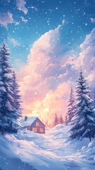 Naklejka premium Snowy cabin sunset winter landscape, idyllic scene