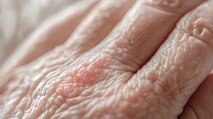 Medical photography emphasizing dermatological detail, close-up skin texture, inflamed coral-tinted irritation, delicate hand positioning, soft natural skin tones, clinical documentation style,