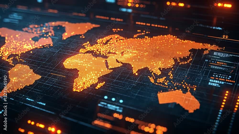 Poster digital world map highlighting connectivity with glowing data points and intricate circuitry
