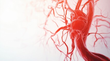 An abstract illustration of a human circulatory system with glowing veins and arteries, set against a white background, Minimalist style
