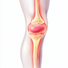 Illustration of a human knee joint, highlighting its anatomical structure with emphasis on bones, cartilage, and ligaments.