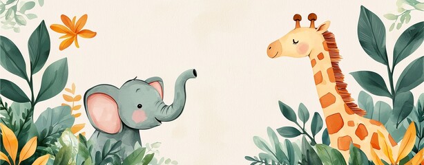Obraz premium A delightful illustration of an elephant and a giraffe surrounded by lush greenery and colorful flowers in a playful, friendly setting.