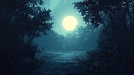 Moonlit Path Through A Dark Forest At Night
