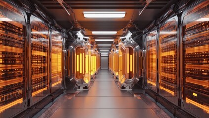 Quantum computers processing data in a futuristic server room, glowing orange behind glass panels, creating a powerful and technological atmosphere