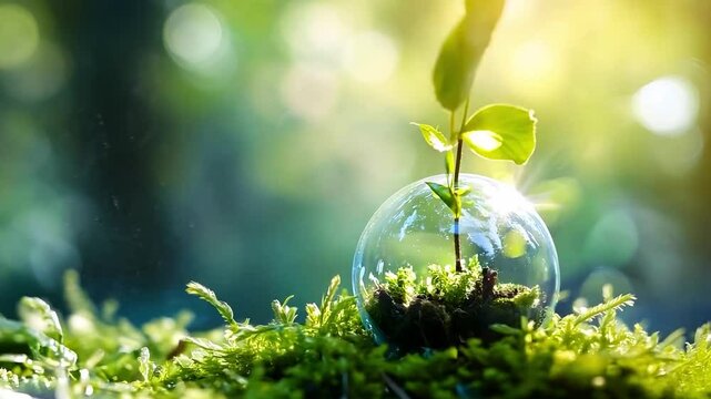 Plant growing inside a glass sphere on moss with sunlight bokeh background