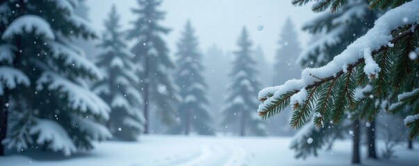 Snowflakes gently fall on isolated tree branches, snowy forest, frost