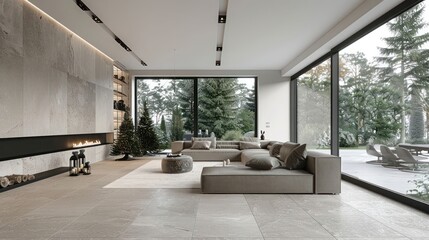 Modern living room with large windows overlooking a serene outdoor landscape, featuring cozy furniture