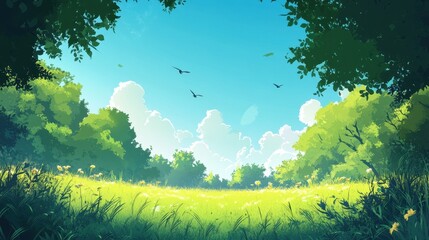 Serene Summer Meadow Landscape With Birds Flying High