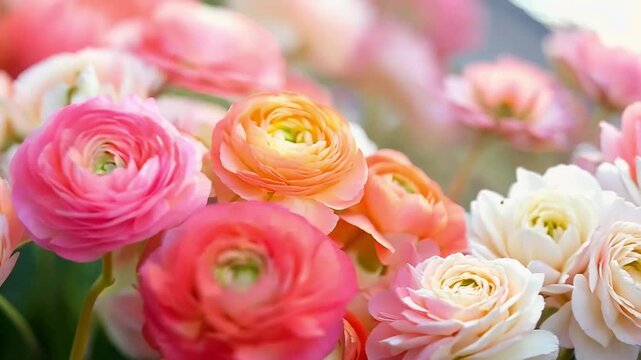 Close-up of pink and orange ranunculus flowers in soft focus