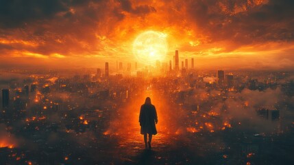 Fototapeta premium The fiery apocalypse: A lone figure witnesses the fiery destruction of a city under an ominous red sun.