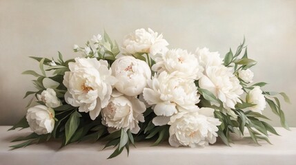 Obraz premium Elegant white peonies with green leaves on a light background in a painterly style