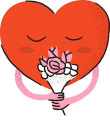 Hand Drawn Illustration of Heart Character Holding Flower Bouquet