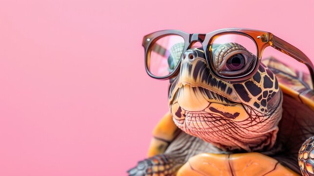 A turtle wearing glasses looks thoughtfully at the camera.