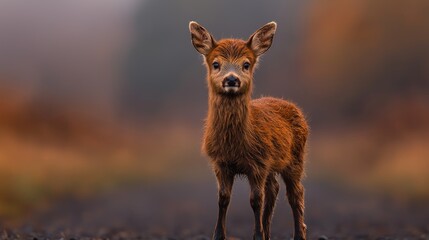Fototapeta premium Red deer fawn, autumn forest, looking at camera, blurred background, wildlife photography