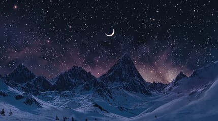 Snowy mountain landscape under a starry night sky with a crescent moon in a dark purple tone