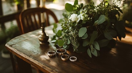 Fototapeta premium Wedding rings and floral bouquet on wooden table with candle in soft natural light setting