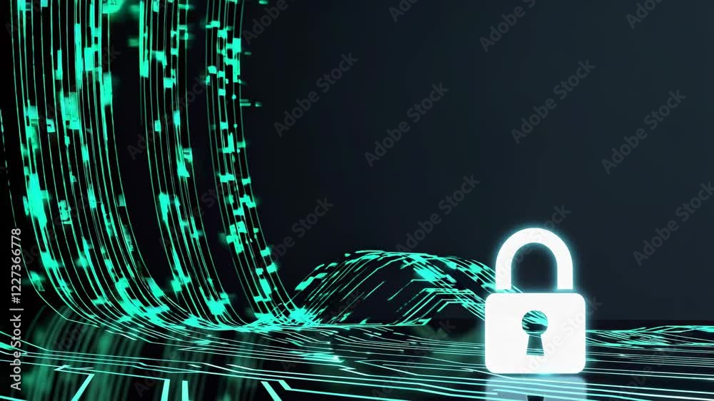 Poster exploring digital security concepts in a futuristic environment with glowing elements and a locked s