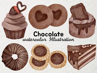 Watercolor Chocolate Dessert Illustration - Hand-Painted Sweet Treats with Cupcake, Cookies, Cake, and Donut