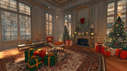 Cozy Christmas living room adorned with festive decorations, presents, and a warm fireplace glow