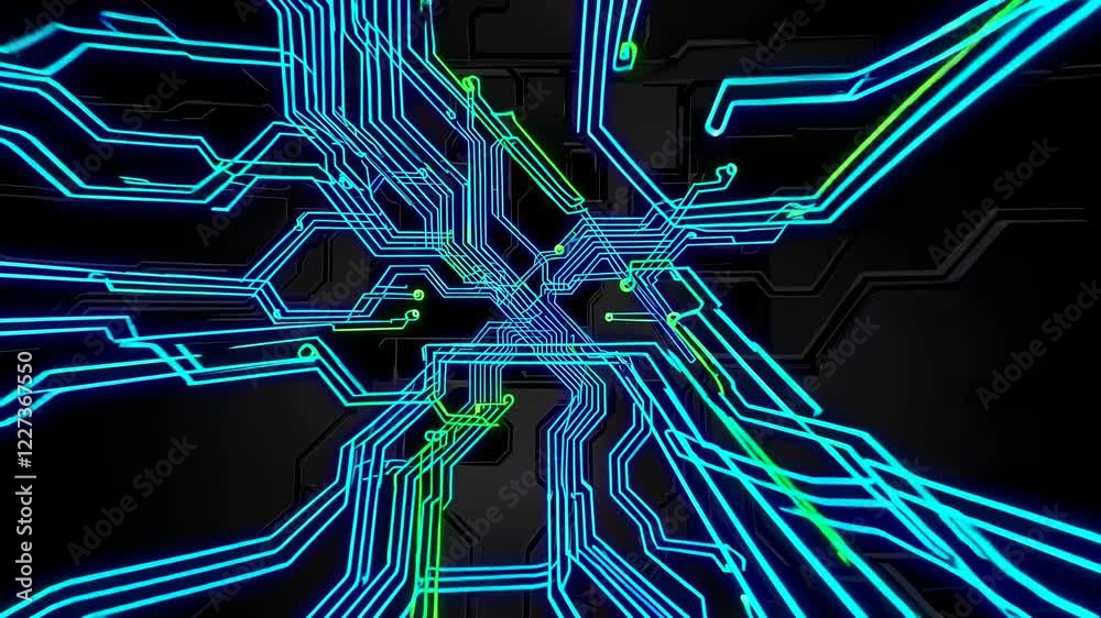 Poster abstract visual display with glowing blue and green circuit patterns in digital style