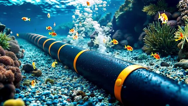 A large pipe in the middle of an aquarium filled with fish