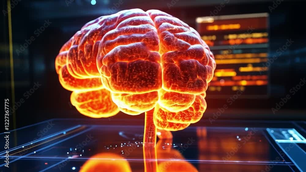 Poster a glowing brain model demonstrating advanced neural connections in a futuristic lab setting