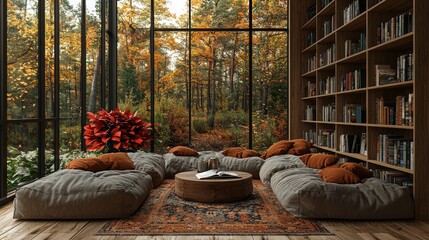 bookshelf background in an interior home library and study virtual room, featuring a window view of forest trees. It's a fall winter scene with snow, and includes poinsettia holiday flowers. It also