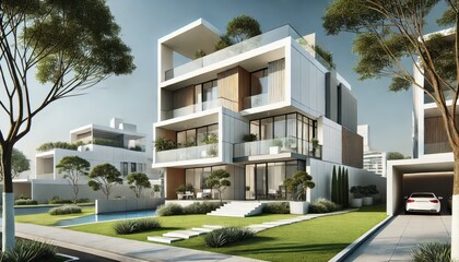 Obraz premium A modern minimalist house with a cubist design, large glass windows and a roof garden in an elegant setting.