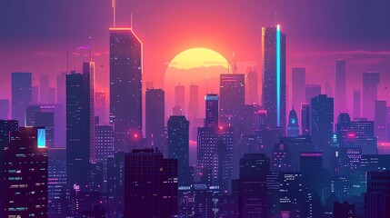 Fototapeta premium A stylized cityscape with neon lights and a large yellow sun at sunset.