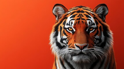 Fototapeta premium Majestic Tiger Portrait: Striking Orange Background Enhances Feline Beauty and Intensity