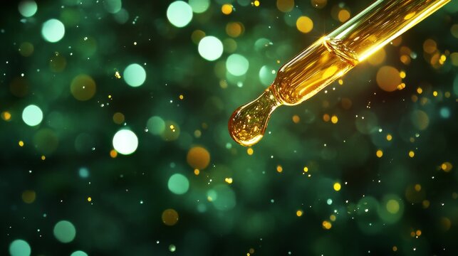 Organic beauty product capture, scientific glass dropper with golden elixir drop, rain-kissed emerald leaf surface, dancing light bokeh effects, crystalline water droplets, dreamy defocused green