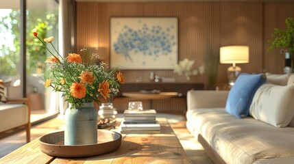 Cozy living room with a floral centerpiece, modern decor, and natural light streaming in