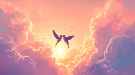 Obraz premium Birds kissing in a sky full of clouds with a bright sun in a dreamy sunset color palette