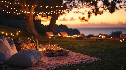 Obraz premium Outdoor picnic at sunset with string lights and ocean view on a tranquil evening