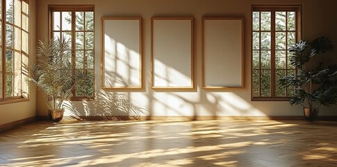 Fototapeta premium Three frames on the wall with a blank poster. Wooden frames mock-up featuring an empty print background. Wood picture frames set in a room. An interior design concept showcasing a realistic and