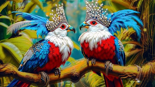 Two parrots with crowns sitting on a branch