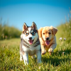 Foto de un cachorro husky y retriever jugando
Photo of a husky and retriever puppy playing
